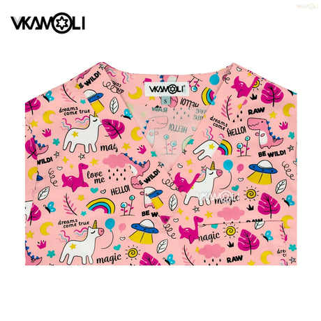Cartoon print scrub tops featuring vibrant designs and colors, ideal for medical professionals, in pink fabric.