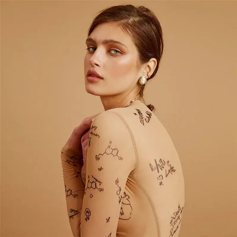 Women Slim Long Sleeve Print Bodysuit