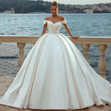 Women Off Shoulder Satin Wedding Dress Lace Up Back