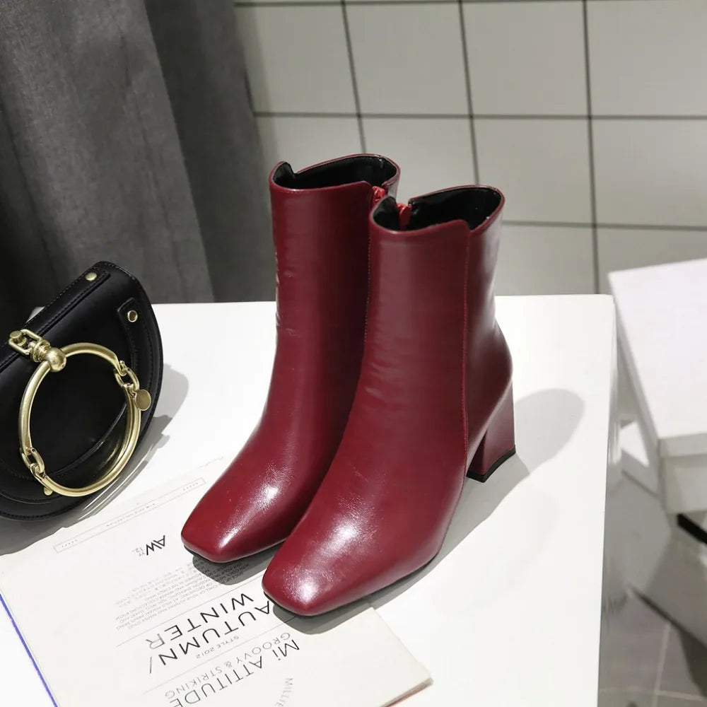 Women Side Zipper Mid-Heel Ankle Boots – Winter Casual Shoes