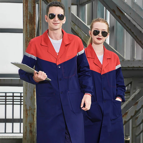 Unisex durable workshop coveralls in navy and red, featuring reflective stripes, designed for safety and utility.