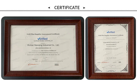 Framed certification for Wuhan Nianqing Industrial Co., Ltd. showing Gold Plus Supplier Assessment.
