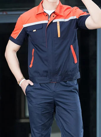 Short-sleeve summer coveralls for men in blue and orange, ideal for auto repair and workshop use.