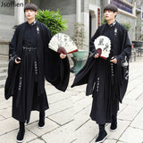 Han Dynasty couple costume featuring a black swordsman outfit with traditional fan, suitable for adults.
