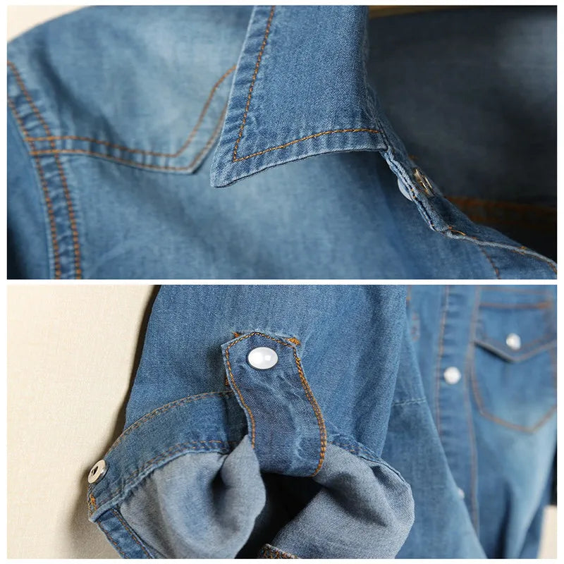 Close-up of DenimDrape™ short sleeve kimono shirt featuring turn-down collar and rolled-up cuffs.