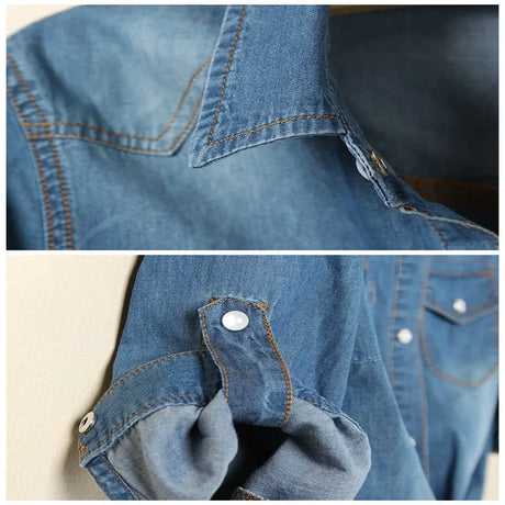 Close-up of DenimDrape™ short sleeve kimono shirt featuring turn-down collar and rolled-up cuffs.