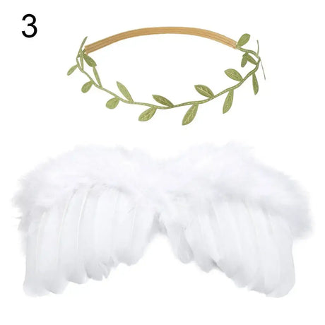 Cute newborn angel feather wings and leafy headband for baby girl photo props.