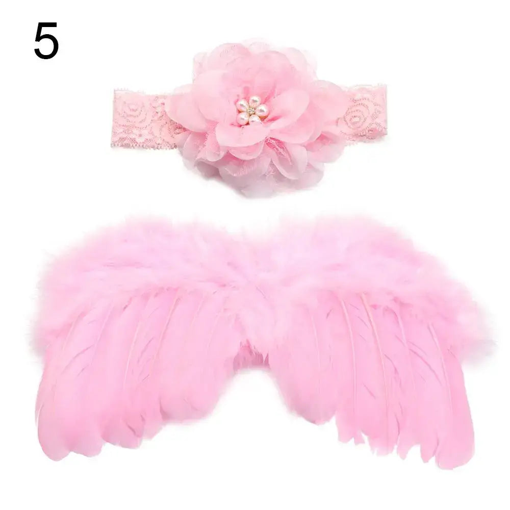 Cute pink newborn angel feather wings and rose flower headband for baby girls, perfect for photo props.