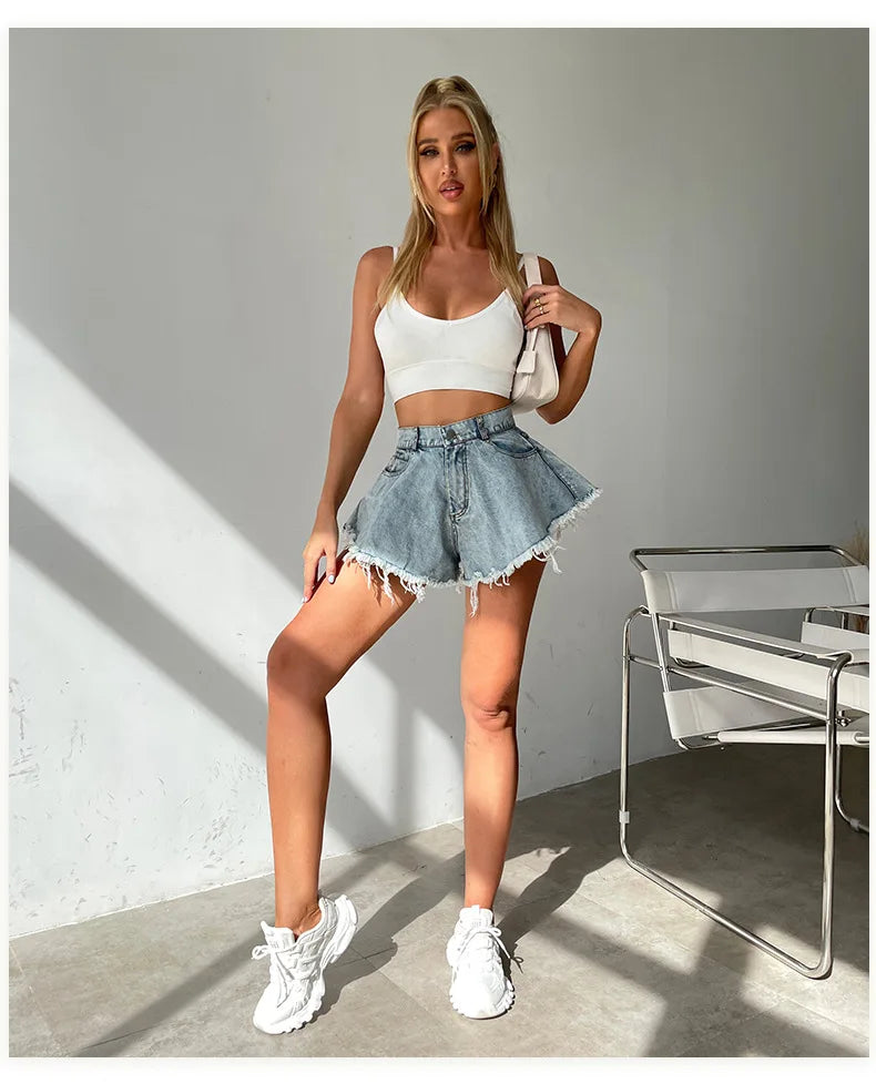 Women High Waist Loose Tassel Denim Shorts