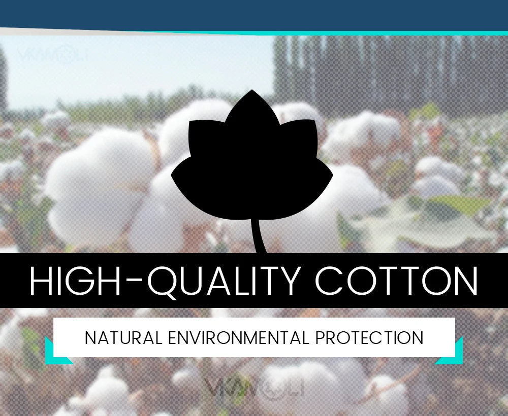 High-quality cotton with a leaf icon, promoting natural environmental protection in textile production.