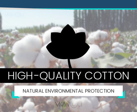 High-quality cotton with a leaf icon, promoting natural environmental protection in textile production.
