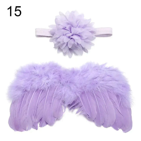 Cute newborn angel feather wings and purple flower headband for baby girls, perfect for 0-24 months photo props.
