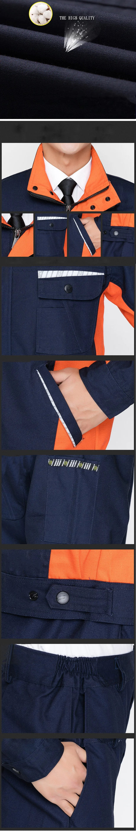 Close-up view of durable navy and orange work clothing set for men and women, featuring utility pockets and safe materials.