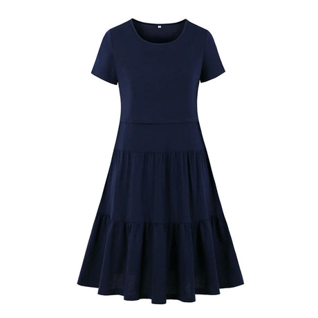 Navy blue short-sleeve dress with a flared skirt, perfect for casual summer outings and maternity wear.