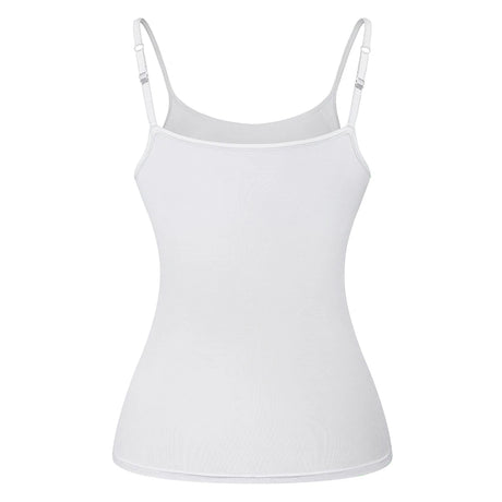 White ShapeEase™ camisole with built-in shelf bra and adjustable straps, designed for comfort and style.