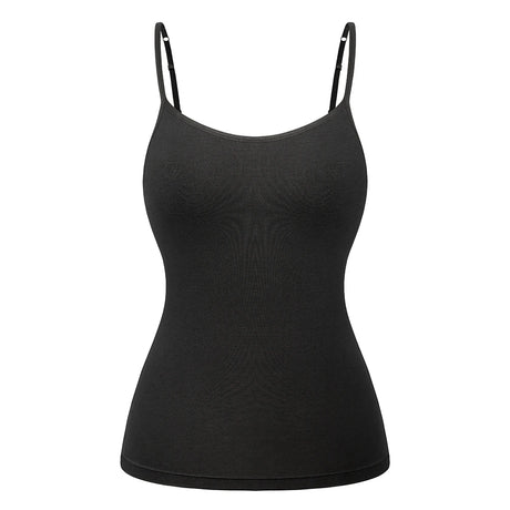 ShapeEase™ black camisole with adjustable straps and built-in padded bra, perfect for comfort and style.