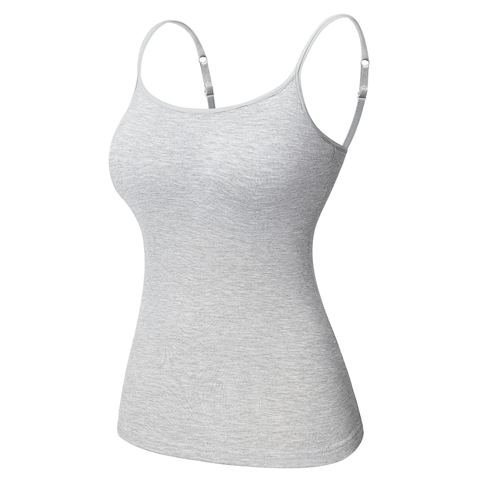 ShapeEase™ gray camisole top with built-in shelf bra and adjustable straps, perfect for comfortable layering.