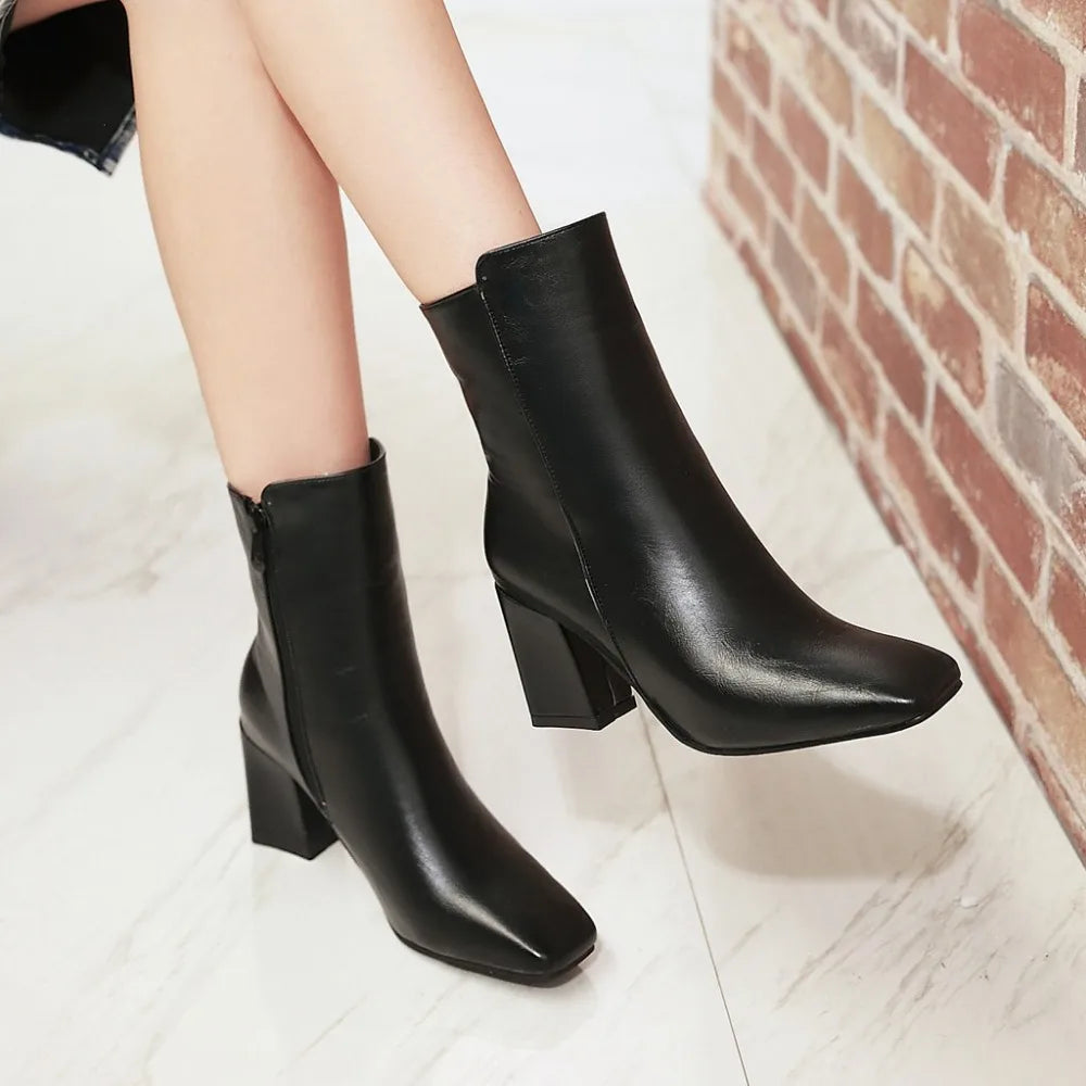 Women Side Zipper Mid-Heel Ankle Boots – Winter Casual Shoes