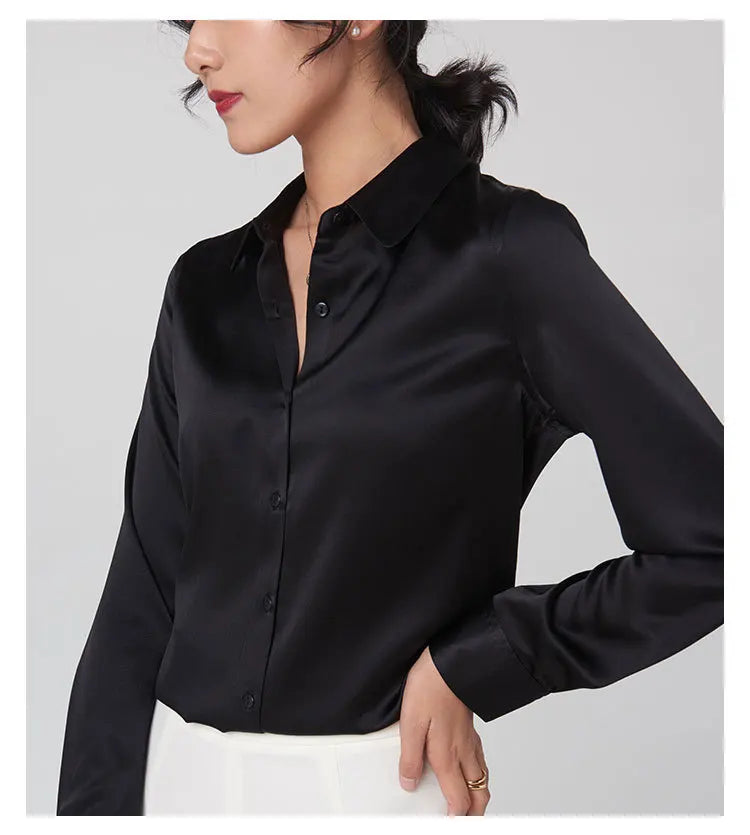 SatinGrace™ long sleeve silk shirt in black, featuring a V-neck and single breasted closure for women.