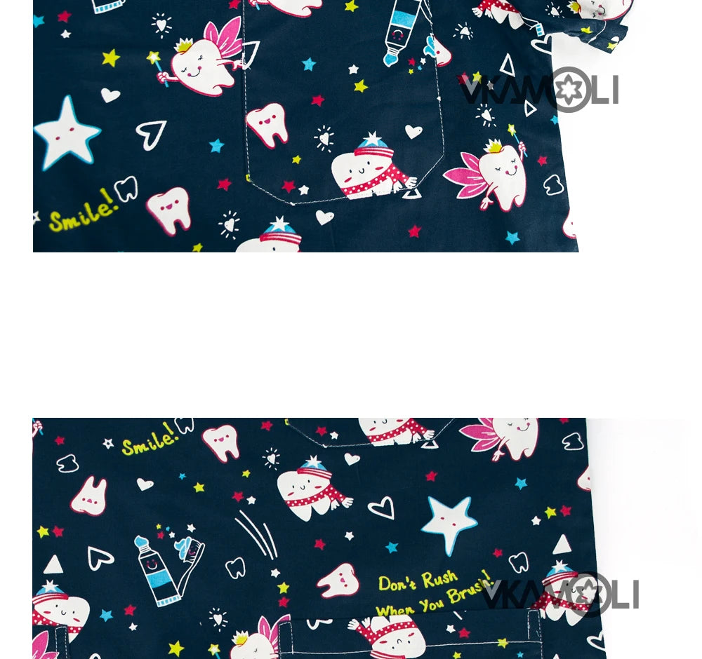 Cartoon print scrub tops with fun dental and star patterns, suitable for medical professionals, available in various sizes.