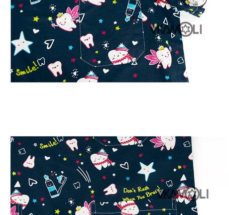 Cartoon print scrub tops with fun dental and star patterns, suitable for medical professionals, available in various sizes.