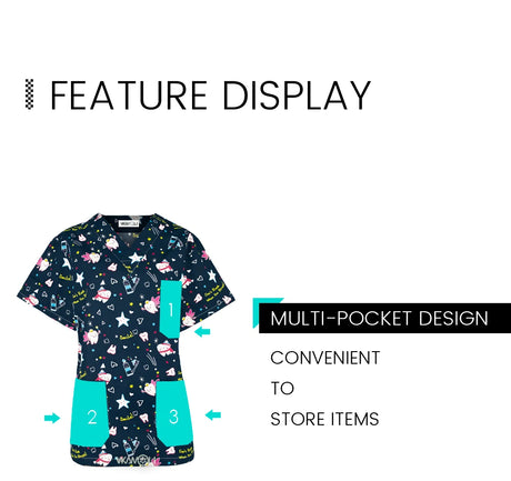 Cartoon print scrub top with multi-pocket design for convenient storage, available in various sizes and colors.