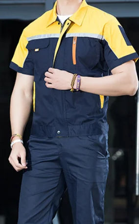 Unisex short-sleeve breathable coveralls in blue and yellow for workshop and automotive work, perfect for men and women.