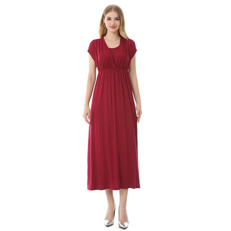 Soft fabric maternity nursing dress in burgundy, featuring a flattering V-neck and mid-calf length, perfect for breastfeeding.