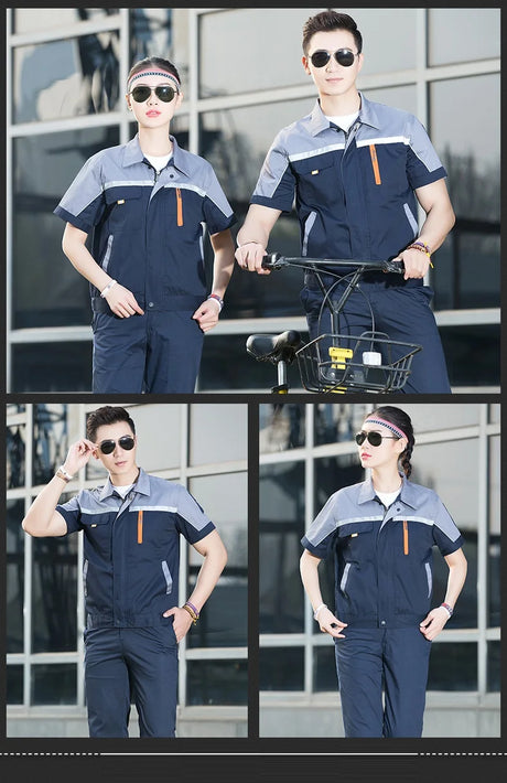 Unisex summer working uniforms in short-sleeve coveralls, featuring breathable fabric, designed for mechanics and electricians.