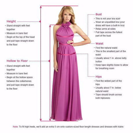 Measurement guide for bridesmaid dress featuring bust, waist, and hip sizing tips on a model in a pink halter dress.