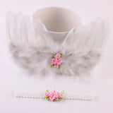 Cute newborn angel feather wings with pink rose headband for baby girls, perfect photo prop for ages 0-24 months.