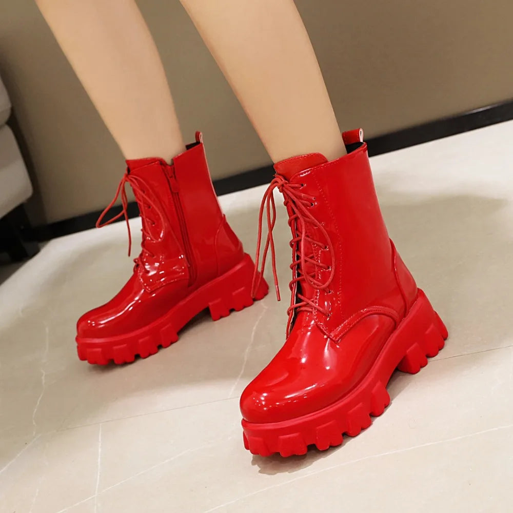 Women Patent Leather Platform Ankle Boots – High Heel Autumn Winter