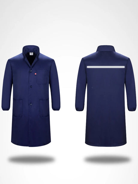 Navy blue workshop coverall with reflective strip and pockets, designed for utility and safety, unisex work wear.