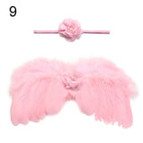 Cute pink newborn angel feather wings with matching rose flower headband for baby girls, perfect photo prop.