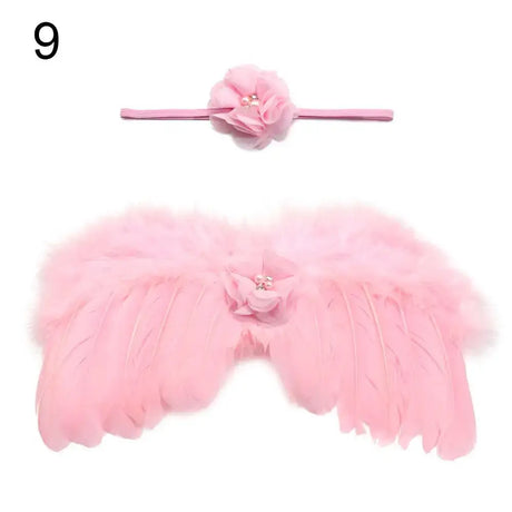 Cute pink newborn angel feather wings with matching rose flower headband for baby girls, perfect photo prop.