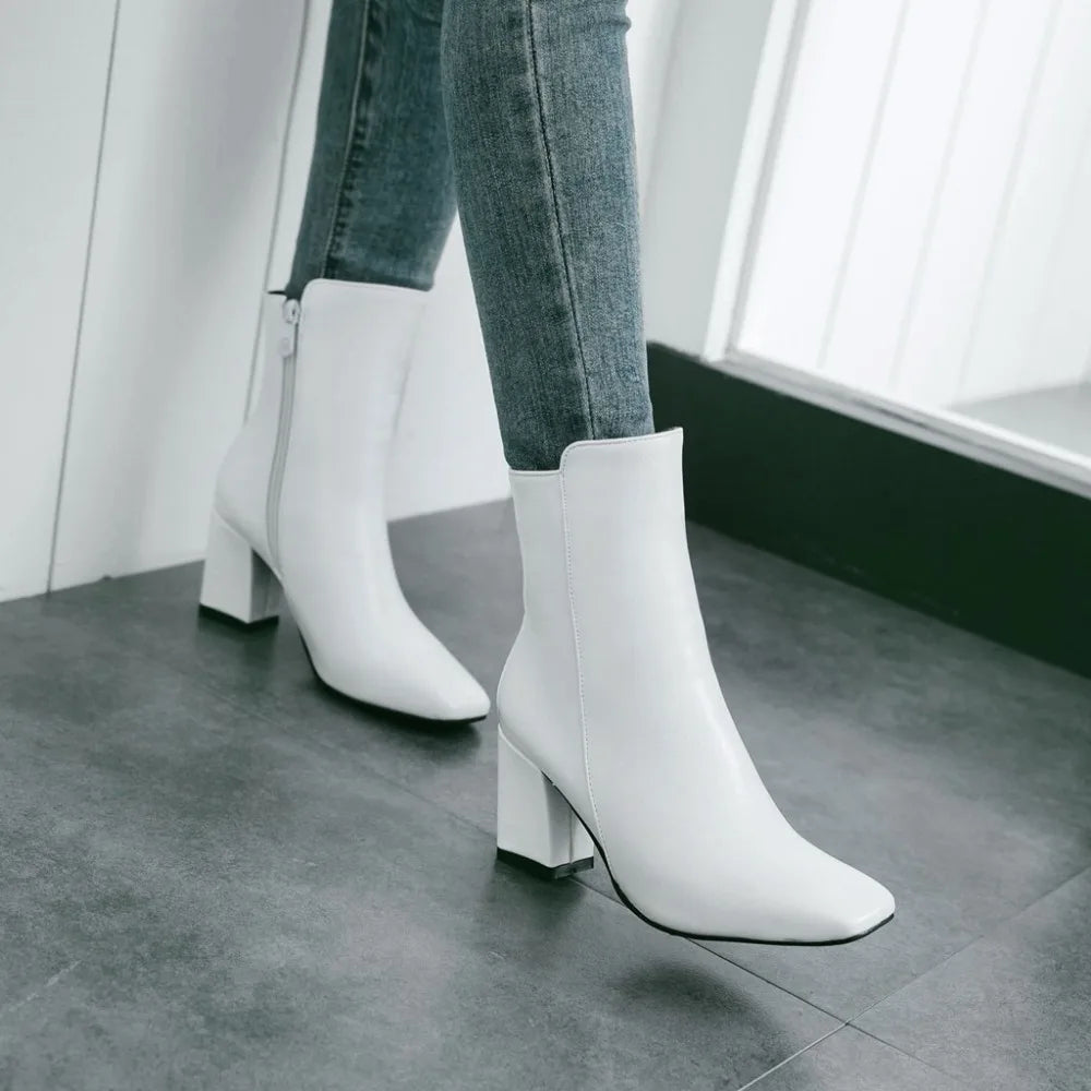 Women Side Zipper Mid-Heel Ankle Boots – Winter Casual Shoes