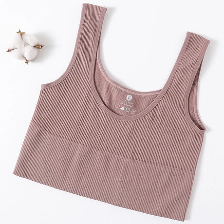 RibSculpt™ seamless ribbed camisole in soft mauve, designed for women, wireless and fitness-ready.