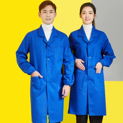Unisex blue workshop coveralls featuring button closure and pockets, ideal for utility and safety in various work environments.