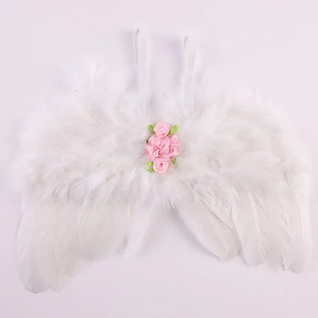Cute newborn angel feather wings with pink rose flowers for baby photo prop. Perfect for ages 0-24 months.
