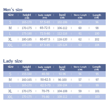 Men's and women's size chart for lab coats, showing measurements for height, weight, bust, sleeve length, and overall length.