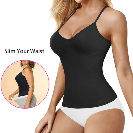 ShapeEase™ camisole in black, designed to slim the waist with built-in shelf bra and adjustable straps.
