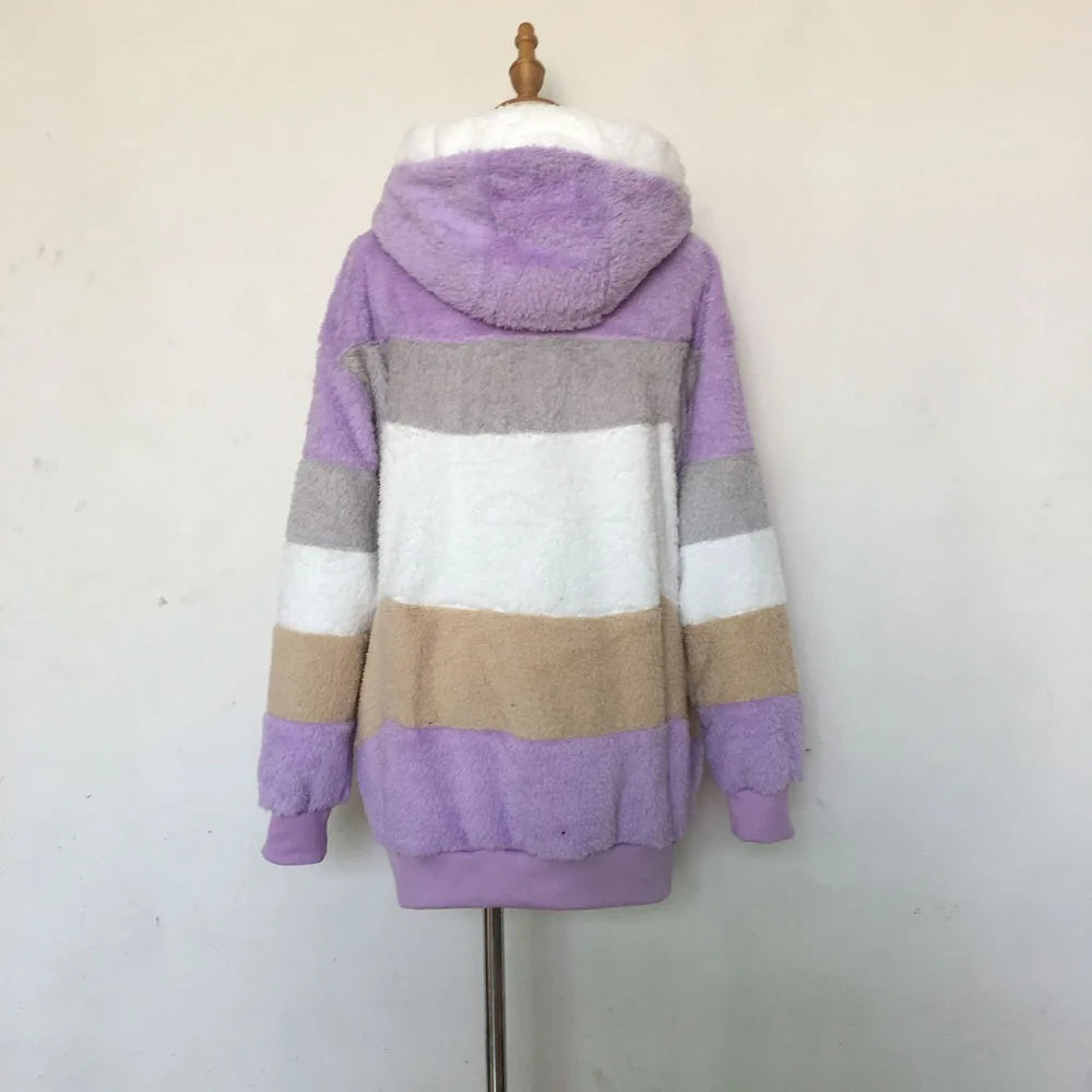 Warm Plush Patchwork Hooded Winter Coat
