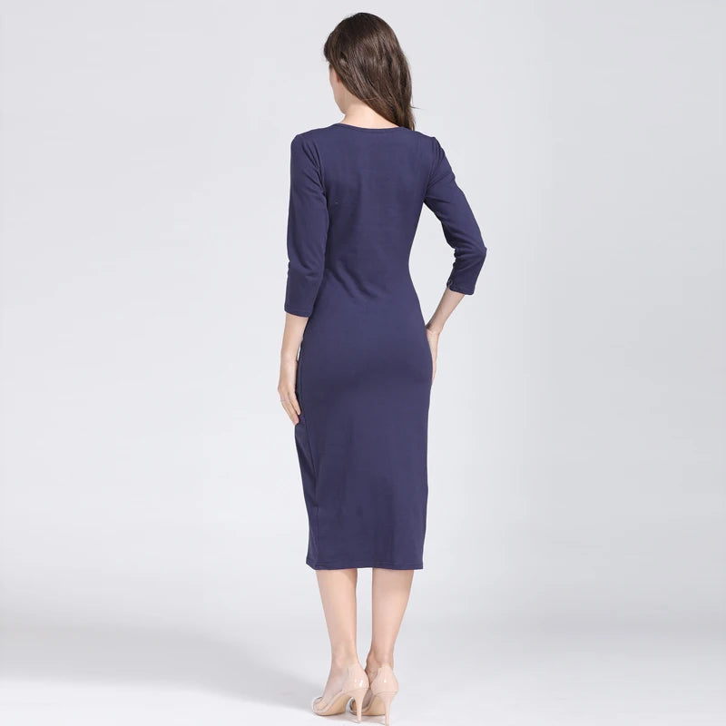 Women’s postpartum nursing maternity dress in navy blue, featuring 3/4 sleeves and knee-length design, ideal for breastfeeding.