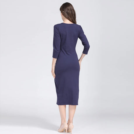 Women’s postpartum nursing maternity dress in navy blue, featuring 3/4 sleeves and knee-length design, ideal for breastfeeding.