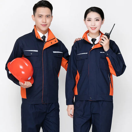 Unisex durable work clothing set for men and women, featuring navy and orange colors, ideal for workshops and safety.
