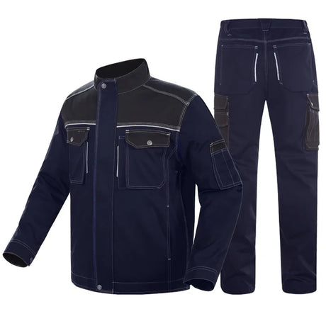 Reflective welding suit set featuring durable jacket and pants for anti-scalding utility and safety work uniform.