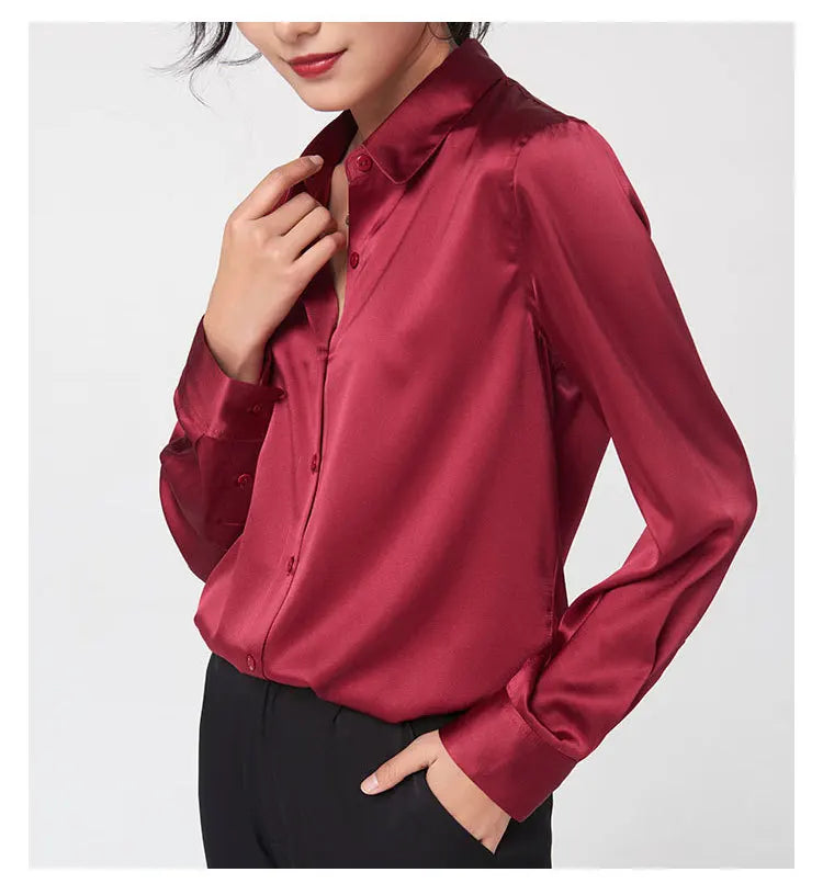SatinGrace™ long sleeve silk shirt in rich burgundy, featuring a V-neck and single-breasted closure for a stylish women's look.