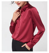 SatinGrace™ long sleeve silk shirt in rich burgundy, featuring a V-neck and single-breasted closure for a stylish women's look.