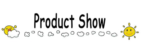 Product show banner with playful sun and cloud graphics, showcasing baby girls dresses.