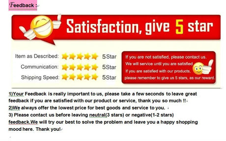 Customer feedback request banner emphasizing 5-star satisfaction ratings and encouraging positive reviews.